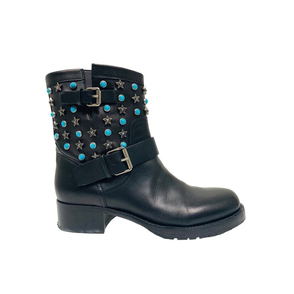 VALENTINO Black Leather Buckle Blue Star Studded Biker Ankle Booties Boots EU 37